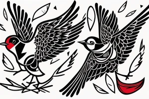 art fusion geometric style robin bird mid-flight, dynamic, small amount of red accent tattoo idea