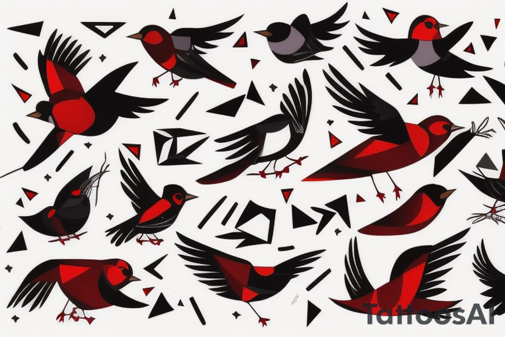 art fusion geometric style robin bird mid-flight, dynamic, small amount of red accent tattoo idea