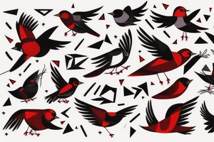 art fusion geometric style robin bird mid-flight, dynamic, small amount of red accent tattoo idea