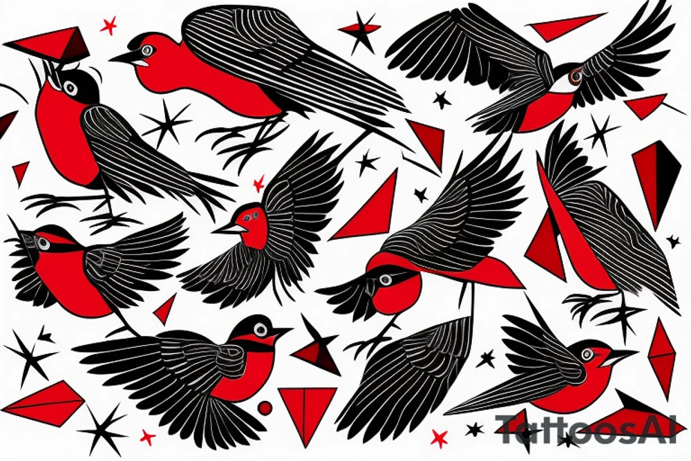 art fusion geometric style robin bird mid-flight, dynamic, small amount of red accent tattoo idea