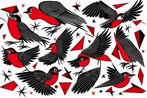 art fusion geometric style robin bird mid-flight, dynamic, small amount of red accent tattoo idea