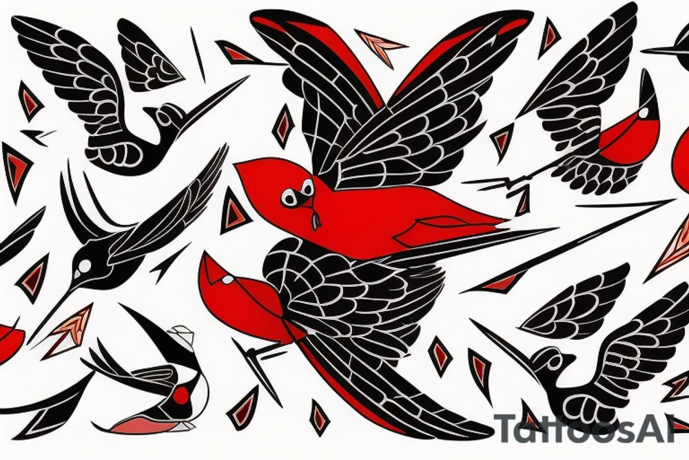 art fusion geometric style robin bird mid-flight, dynamic, small amount of red accent tattoo idea