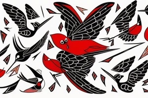 art fusion geometric style robin bird mid-flight, dynamic, small amount of red accent tattoo idea