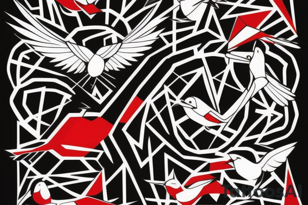 art fusion geometric style robin bird mid-flight, dynamic, small amount of red accent tattoo idea