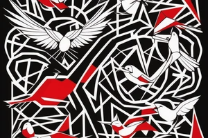 art fusion geometric style robin bird mid-flight, dynamic, small amount of red accent tattoo idea