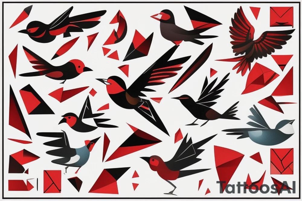 art fusion geometric style robin bird mid-flight, dynamic, small amount of red accent tattoo idea