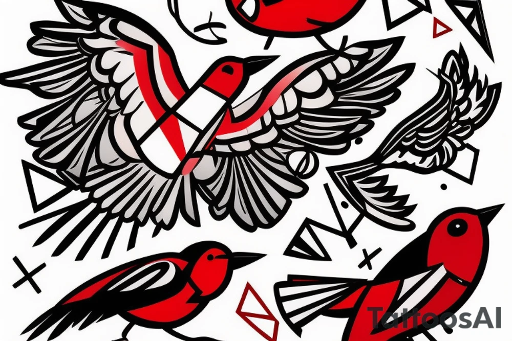 art fusion geometric style robin bird mid-flight, dynamic, small amount of red accent tattoo idea
