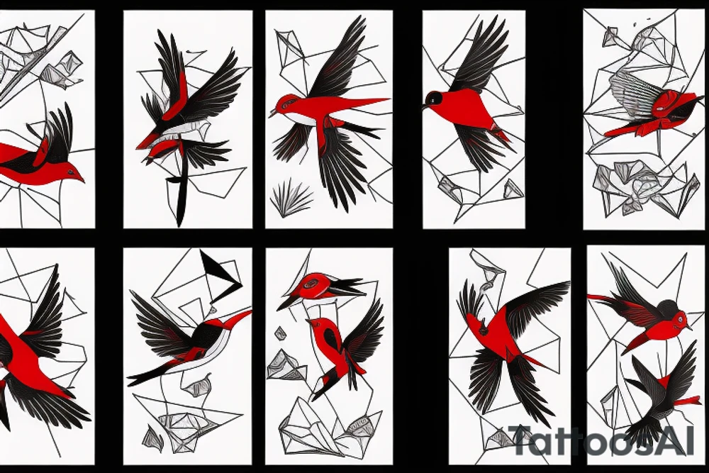 art fusion geometric style robin bird mid-flight, dynamic, small amount of red accent tattoo idea