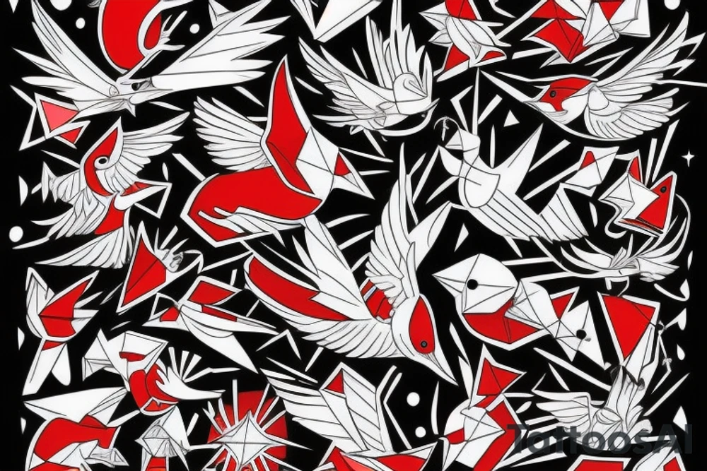 art fusion geometric style robin bird mid-flight, dynamic, small amount of red accent tattoo idea