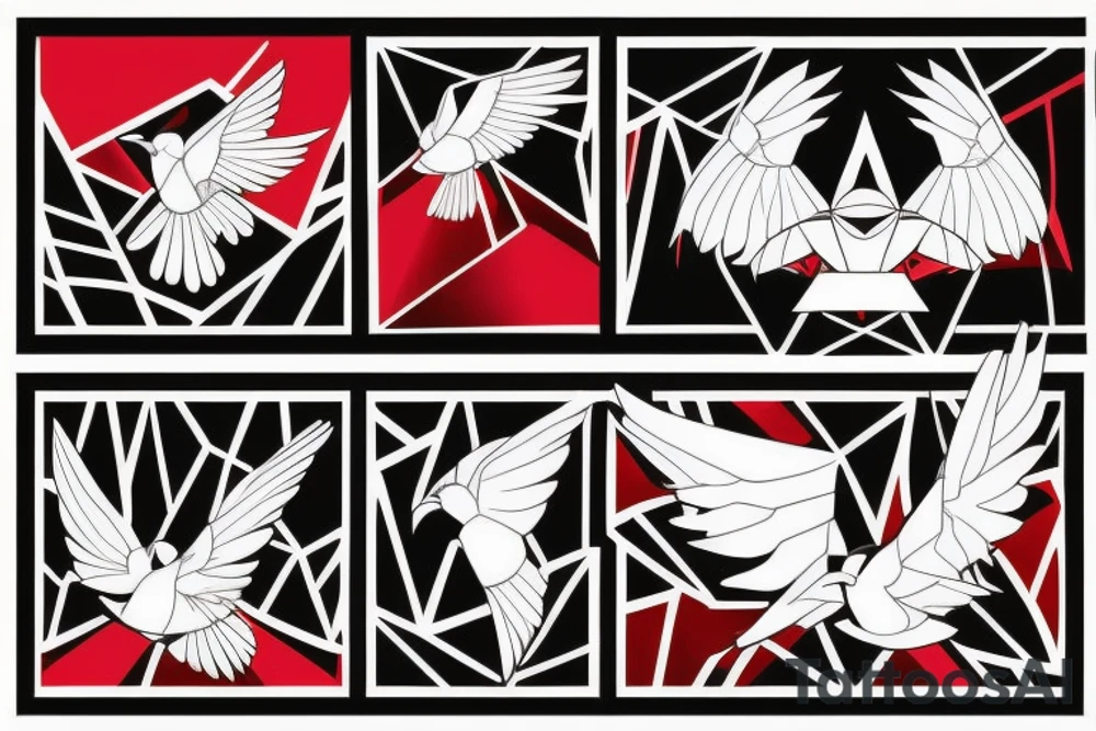 art fusion geometric style robin bird mid-flight, dynamic, small amount of red accent tattoo idea