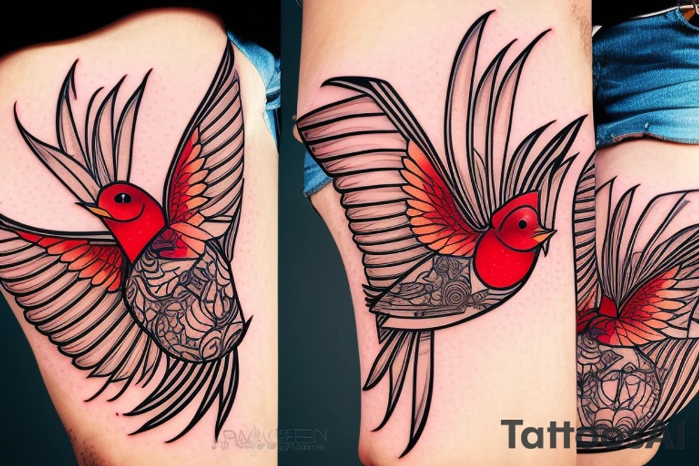 art fusion geometric style robin bird mid-flight, dynamic, small amount of red accent tattoo idea