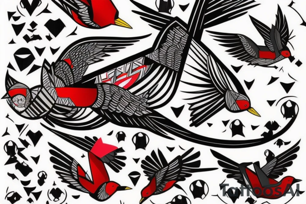 art fusion geometric style robin bird mid-flight, dynamic, small amount of red accent tattoo idea