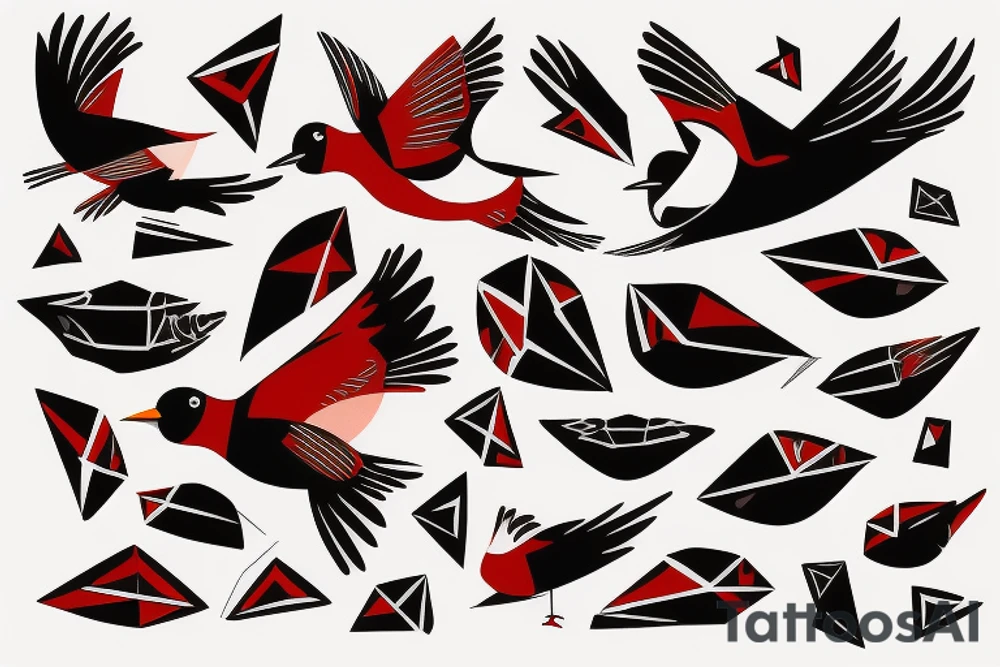 art fusion geometric style robin bird mid-flight, dynamic, small amount of red accent tattoo idea