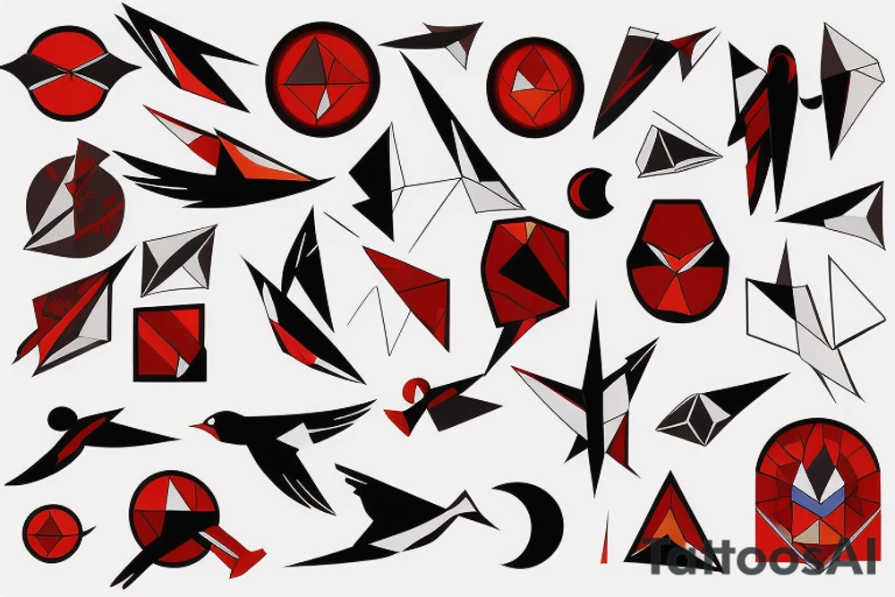 art fusion geometric style robin bird mid-flight, dynamic, small amount of red accent tattoo idea