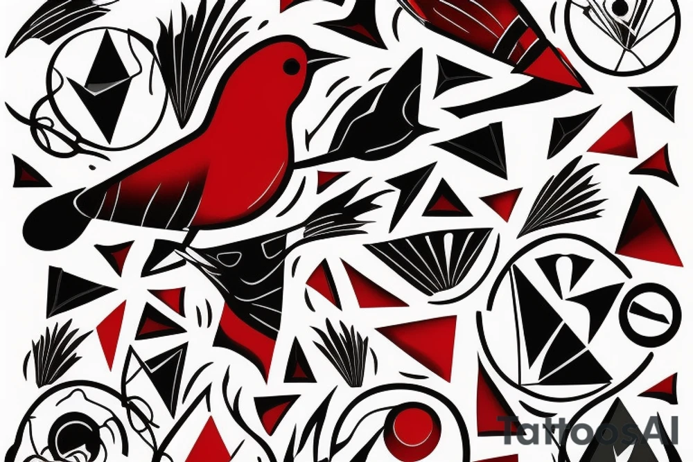 art fusion geometric style robin bird mid-flight, dynamic, small amount of red accent tattoo idea