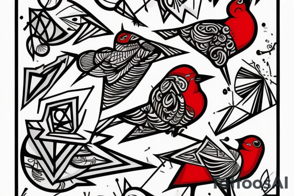 art fusion geometric style robin bird mid-flight, dynamic, small amount of red accent tattoo idea