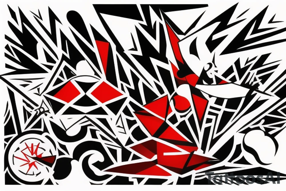 art fusion geometric style robin bird mid-flight, dynamic, small amount of red accent tattoo idea