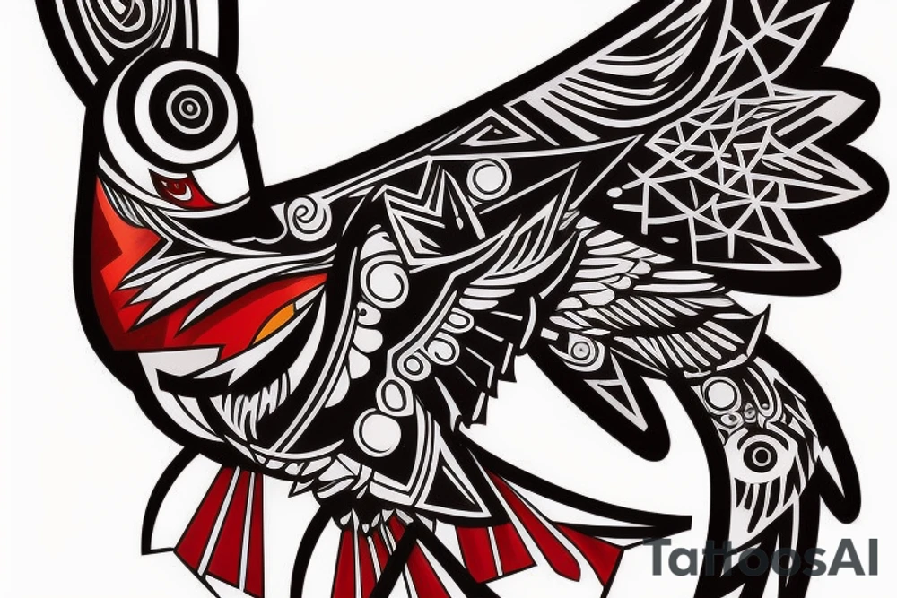 art fusion geometric style robin bird mid-flight, dynamic, small amount of red accent tattoo idea