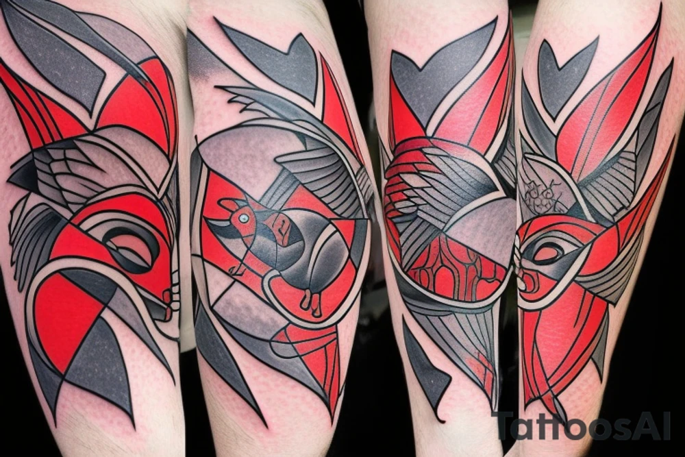 art fusion geometric style robin bird mid-flight, dynamic, small amount of red accent tattoo idea