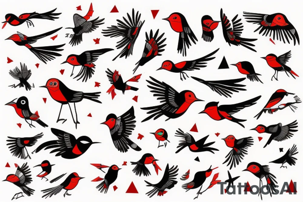 art fusion geometric style robin bird mid-flight, dynamic, small amount of red accent tattoo idea