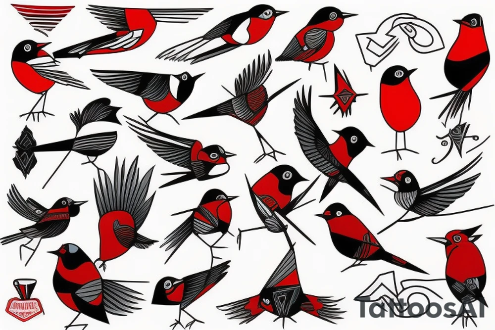 art fusion geometric style robin bird mid-flight, dynamic, small amount of red accent tattoo idea
