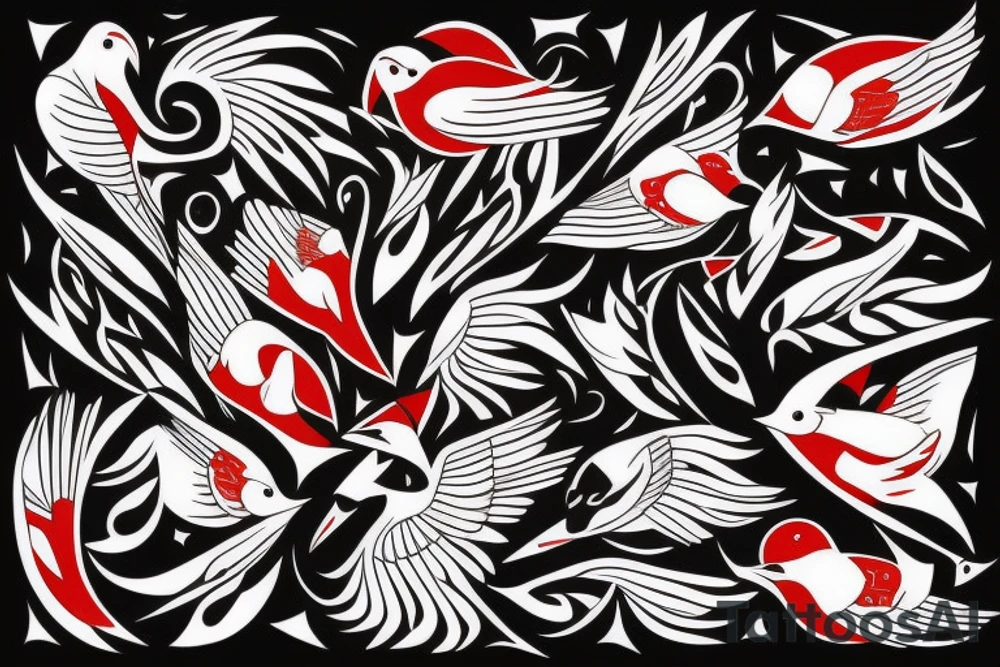 art fusion geometric style robin bird mid-flight, dynamic, small amount of red accent tattoo idea