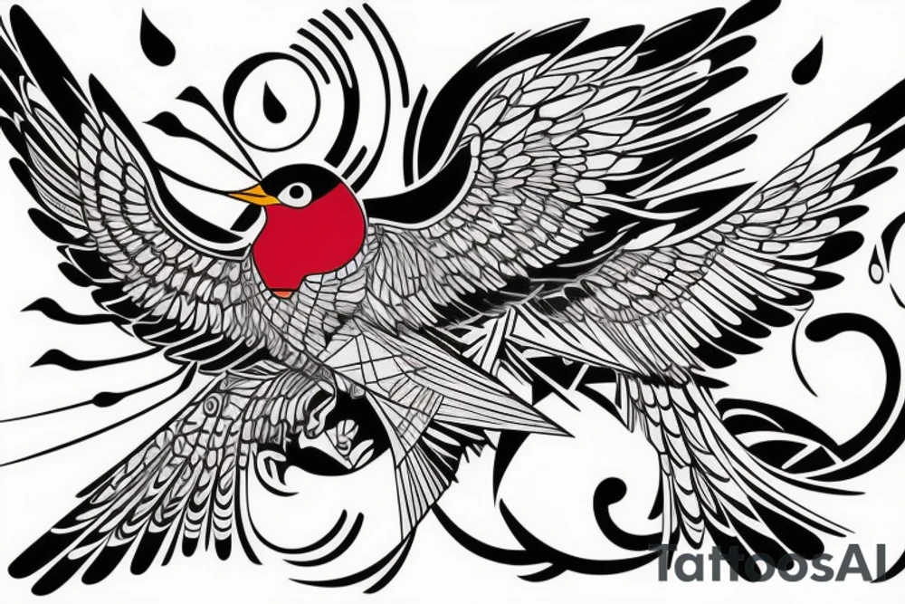 art fusion geometric style robin bird mid-flight, dynamic, small amount of red accent tattoo idea