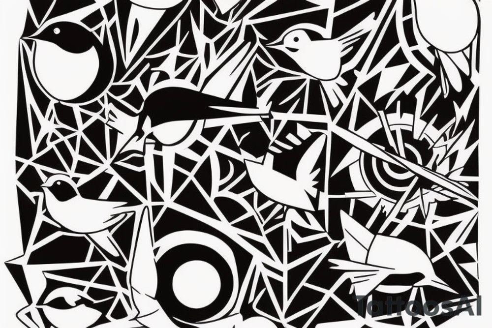 art fusion geometric style robin bird mid-flight, dynamic, small amount of red accent tattoo idea