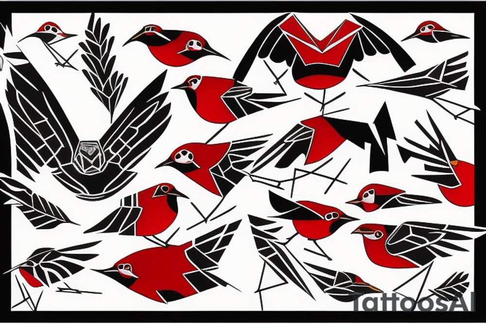 art fusion geometric style robin bird mid-flight, dynamic, small amount of red accent tattoo idea