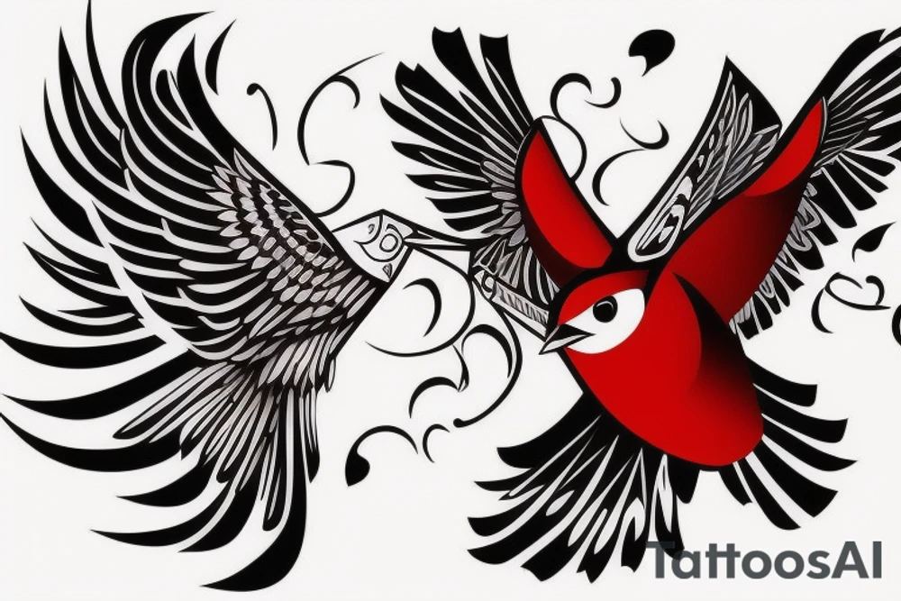 art fusion geometric style robin bird mid-flight, dynamic, small amount of red accent tattoo idea