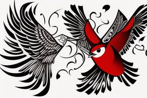 art fusion geometric style robin bird mid-flight, dynamic, small amount of red accent tattoo idea
