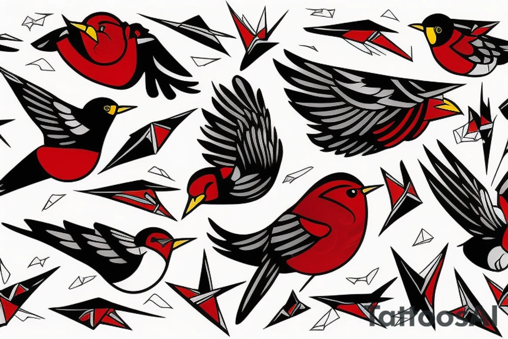 art fusion geometric style robin bird mid-flight, dynamic, small amount of red accent tattoo idea