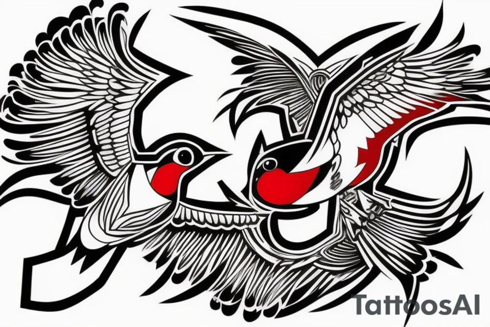 art fusion geometric style robin bird mid-flight, dynamic, small amount of red accent tattoo idea