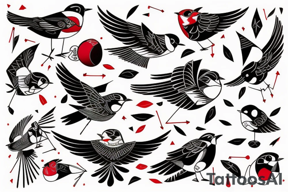 art fusion geometric style robin bird mid-flight, dynamic, small amount of red accent tattoo idea