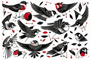 art fusion geometric style robin bird mid-flight, dynamic, small amount of red accent tattoo idea