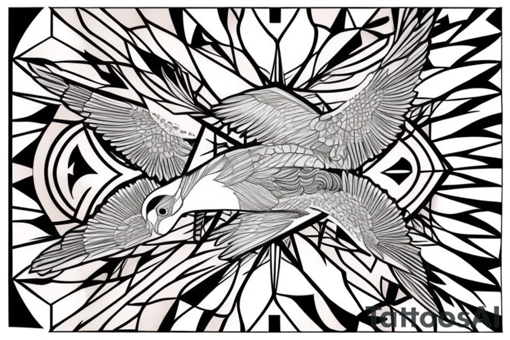 art fusion geometric style robin bird mid-flight, dynamic, small amount of red accent tattoo idea