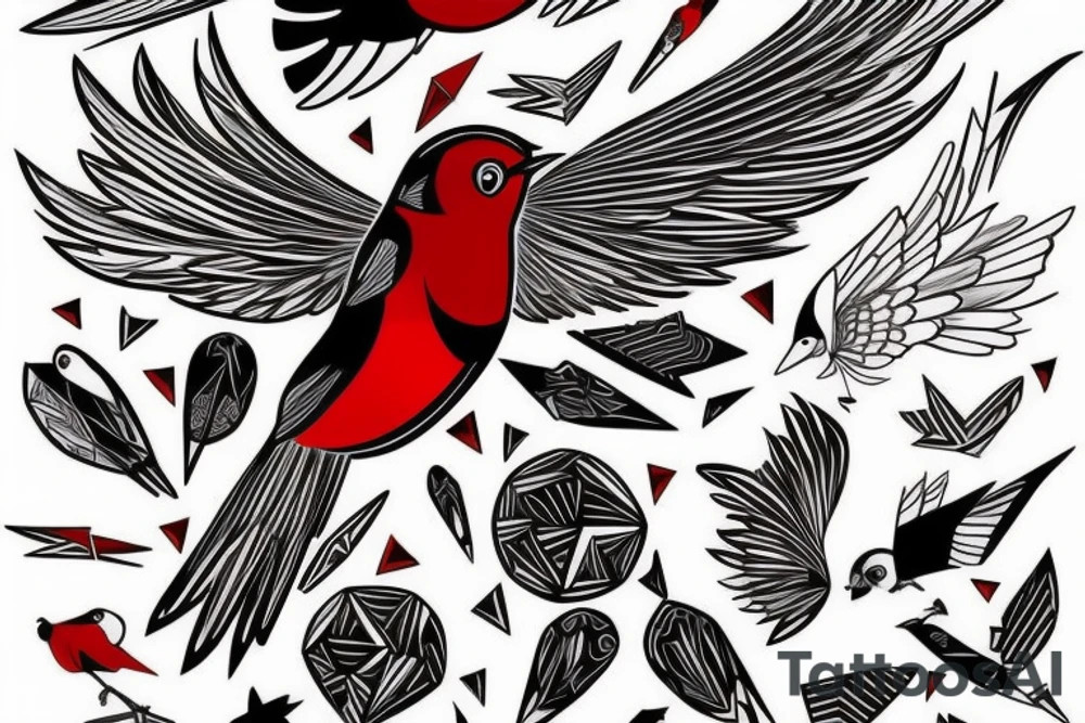 sketch art fusion geometric style robin bird mid-flight, dynamic, small amount of red accent tattoo idea