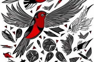 sketch art fusion geometric style robin bird mid-flight, dynamic, small amount of red accent tattoo idea