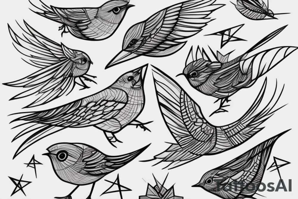 sketch art fusion geometric style robin bird mid-flight, dynamic, small amount of red accent tattoo idea