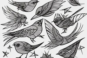 sketch art fusion geometric style robin bird mid-flight, dynamic, small amount of red accent tattoo idea