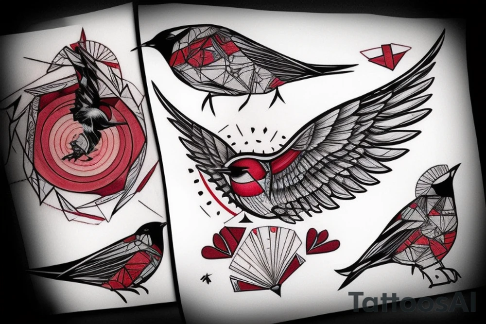 sketch art fusion geometric style robin bird mid-flight, dynamic, small amount of red accent tattoo idea