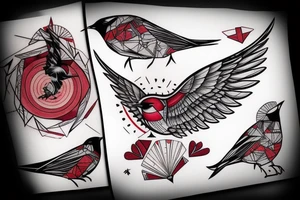 sketch art fusion geometric style robin bird mid-flight, dynamic, small amount of red accent tattoo idea