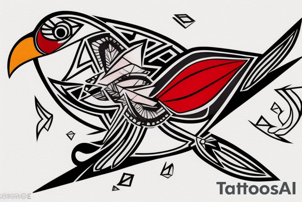 sketch art fusion geometric style robin bird mid-flight, dynamic, small amount of red accent tattoo idea