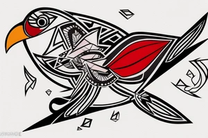 sketch art fusion geometric style robin bird mid-flight, dynamic, small amount of red accent tattoo idea