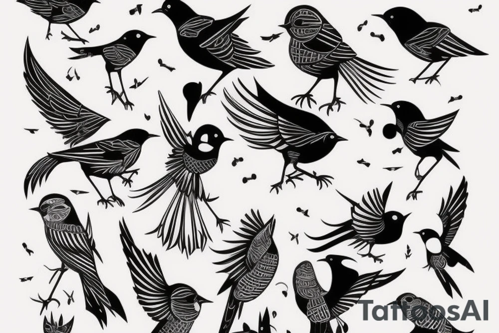 sketch art fusion geometric style robin bird mid-flight, dynamic, small amount of red accent tattoo idea