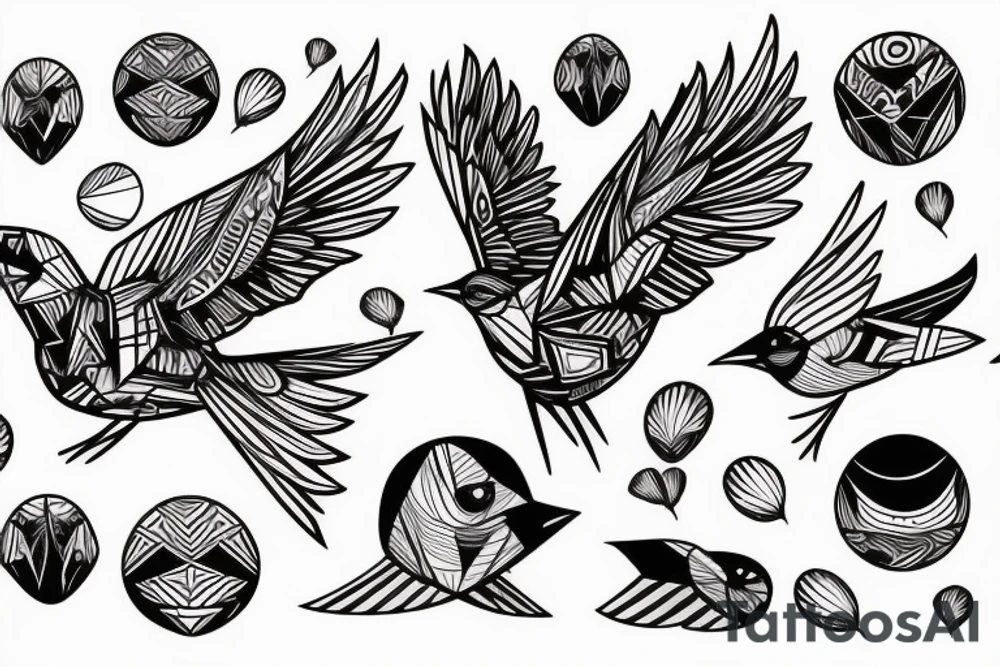 sketch art fusion geometric style robin bird mid-flight, dynamic, small amount of red accent tattoo idea