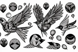 sketch art fusion geometric style robin bird mid-flight, dynamic, small amount of red accent tattoo idea