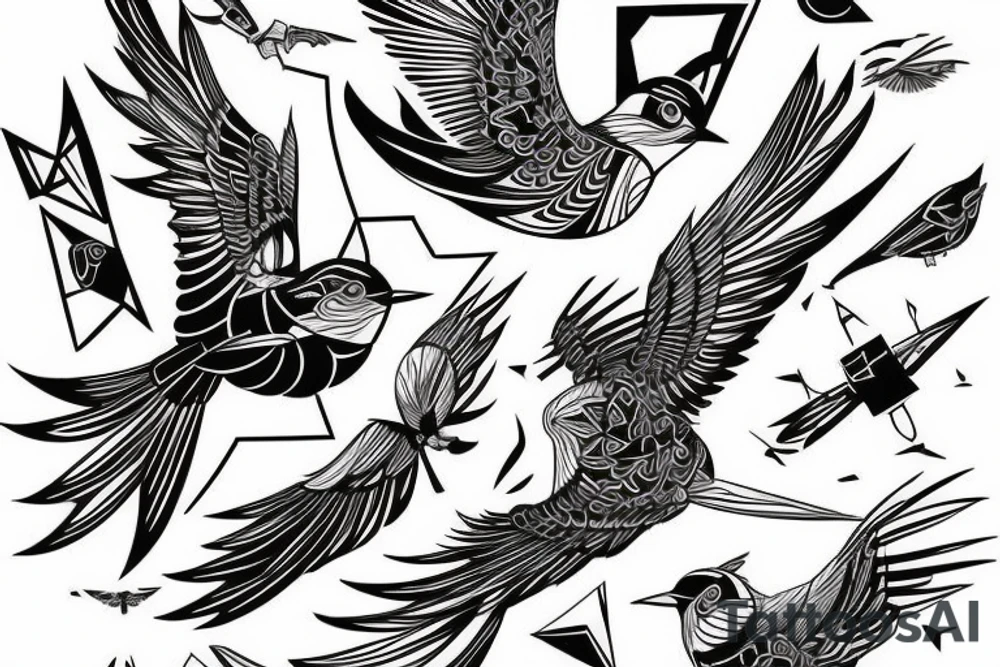 sketch art fusion geometric style robin bird mid-flight, dynamic, small amount of red accent tattoo idea