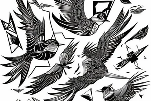 sketch art fusion geometric style robin bird mid-flight, dynamic, small amount of red accent tattoo idea