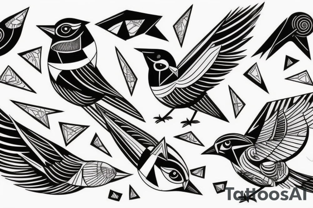 sketch art fusion geometric style robin bird mid-flight, dynamic, small amount of red accent tattoo idea